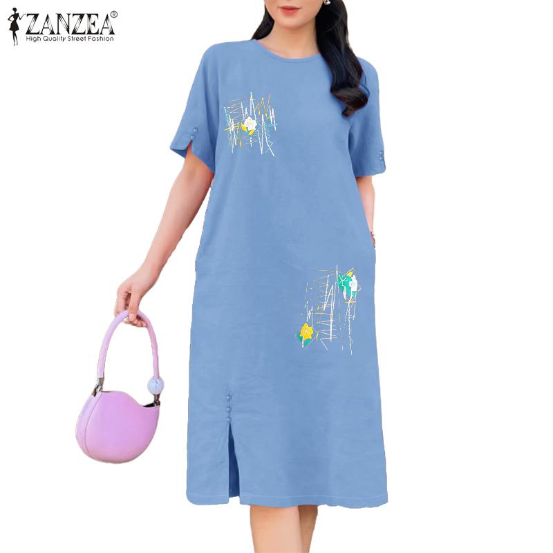 ZANZEA Women Summer Round Neck Casual Short Sleeve Print Dress