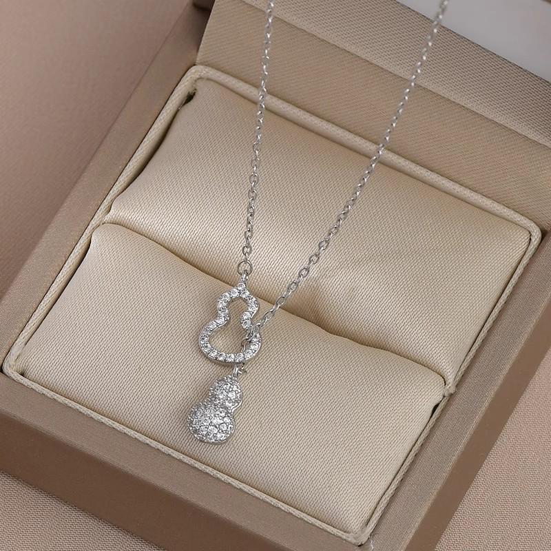 

Elegant S925 Sterling Silver Diamond Gourd Necklace with Tassel - Women s Luxury Fashion Clavicle Chain 925 Silver платиновий