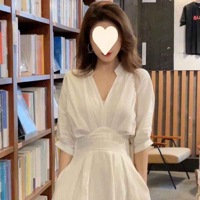Niche Design Dress Women's Summer White V-neck Design Temperament Fashionable and Thin Medium and Long Skirt