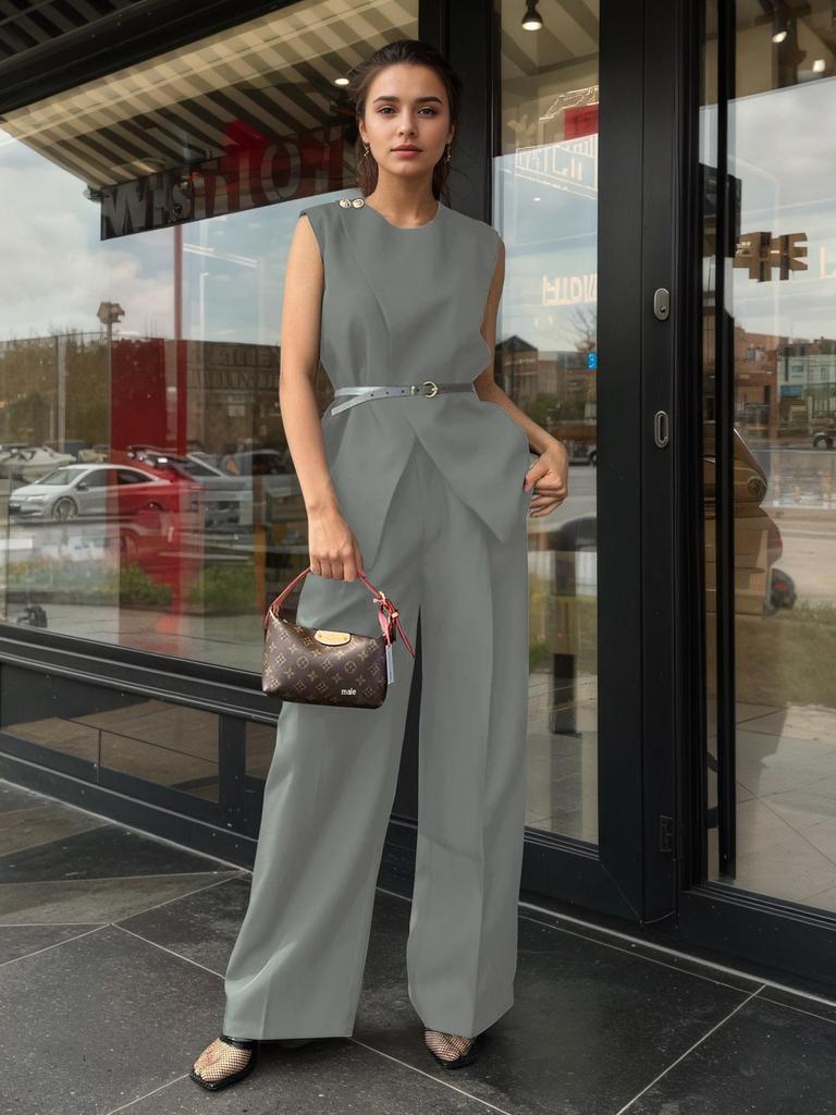 European & American Solid Color Sleeveless Top and High Waist Wide-Leg Pants Two-Piece Women's Set
