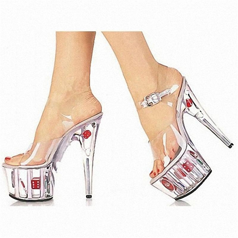 Damen Blumen Transparent High Heel Schuhe Slim Heel Sandalen Mode Kristall Tanzschuhe 17cm Absatz 7cm Plateau YKC