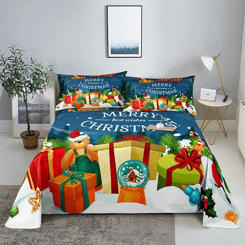 

3D HD Christmas Bed Sheets Set Blue Pillow Case Cover Bedding Linen Pillowcase Home Decoration Festival Single Double Twin King 110x230cm 2pcs