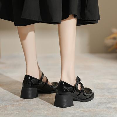 Patent Leather Mary Jane High Heels Spring and Autumn New Velcro Bows Are Not Tired Feet Small Leather Shoes Light Mouth Thick Heel Single Shoes