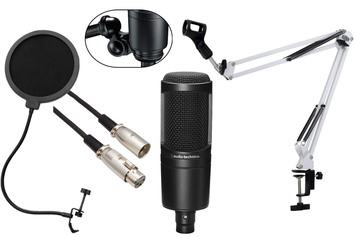 

AT2020 Condenser Microphone Safe Starting Set 04-3m Genuine Microphone Cable, Pop Blocker, White Arm Stand Included -