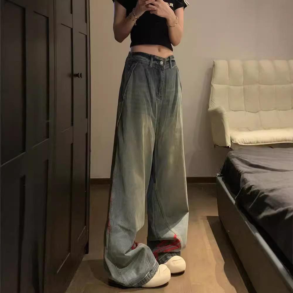 Unisex American Retro Striped Patchwork Jeans - Loose, Distressed, Wide-Leg Trendy Casual Pants