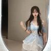 Sexy Lingerie Pearlescent Blue Bow Suspender Deep V Dress Sexy Female Sweet Lace