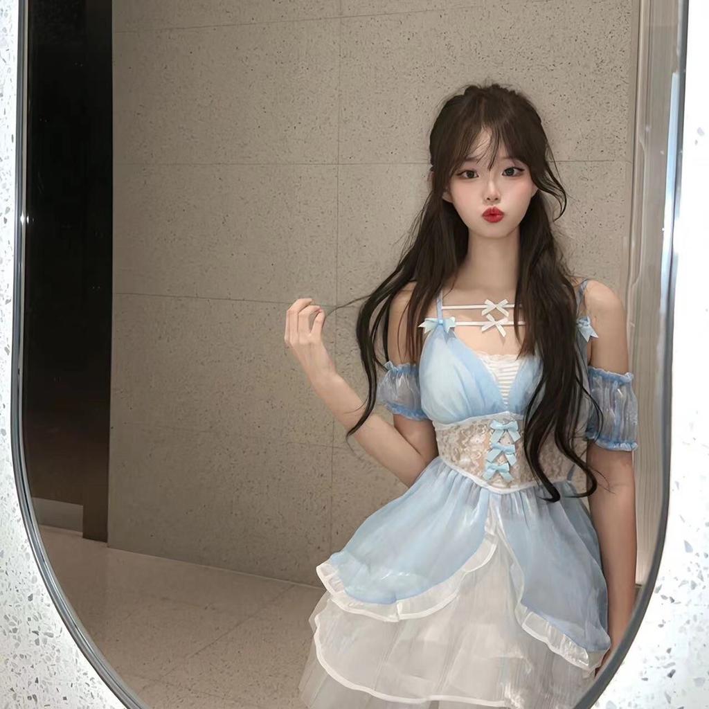 Sexy Lingerie Pearlescent Blue Bow Suspender Deep V Dress Sexy Female Sweet Lace