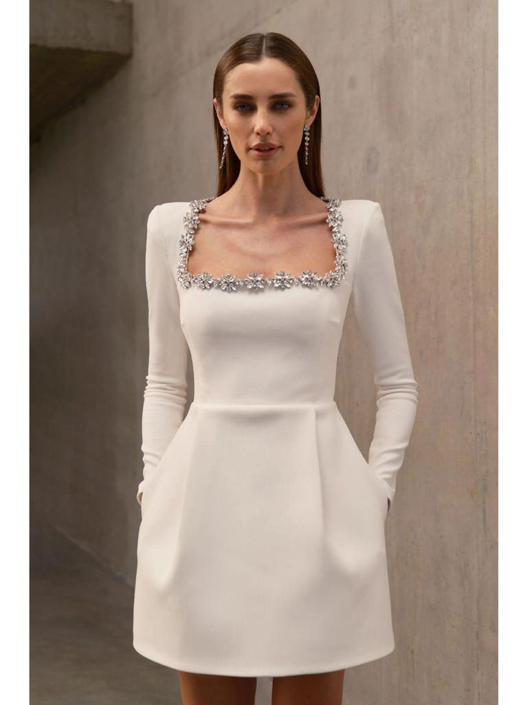 Letnia Damska Sukienka Wieczorowa A-Line z Długim Rękawem i Kwadratowym Dekoltem z Cyrkoniami