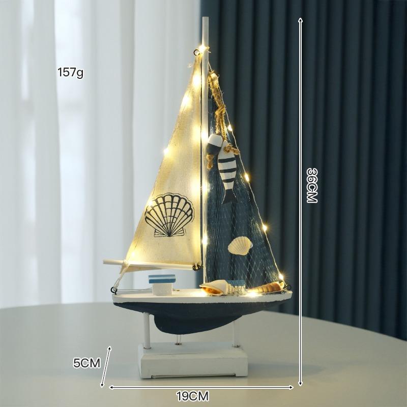 LED Wooden Sailboat Model, Nautical Mediterranean Style Home Decor, Coastal Sea Theme Tabletop Boat Ornament, Sailing Ship Gift
