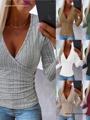 Women's Autumn Ribbed Knit V-Neck Slim Fit Long Sleeve Button Pullover