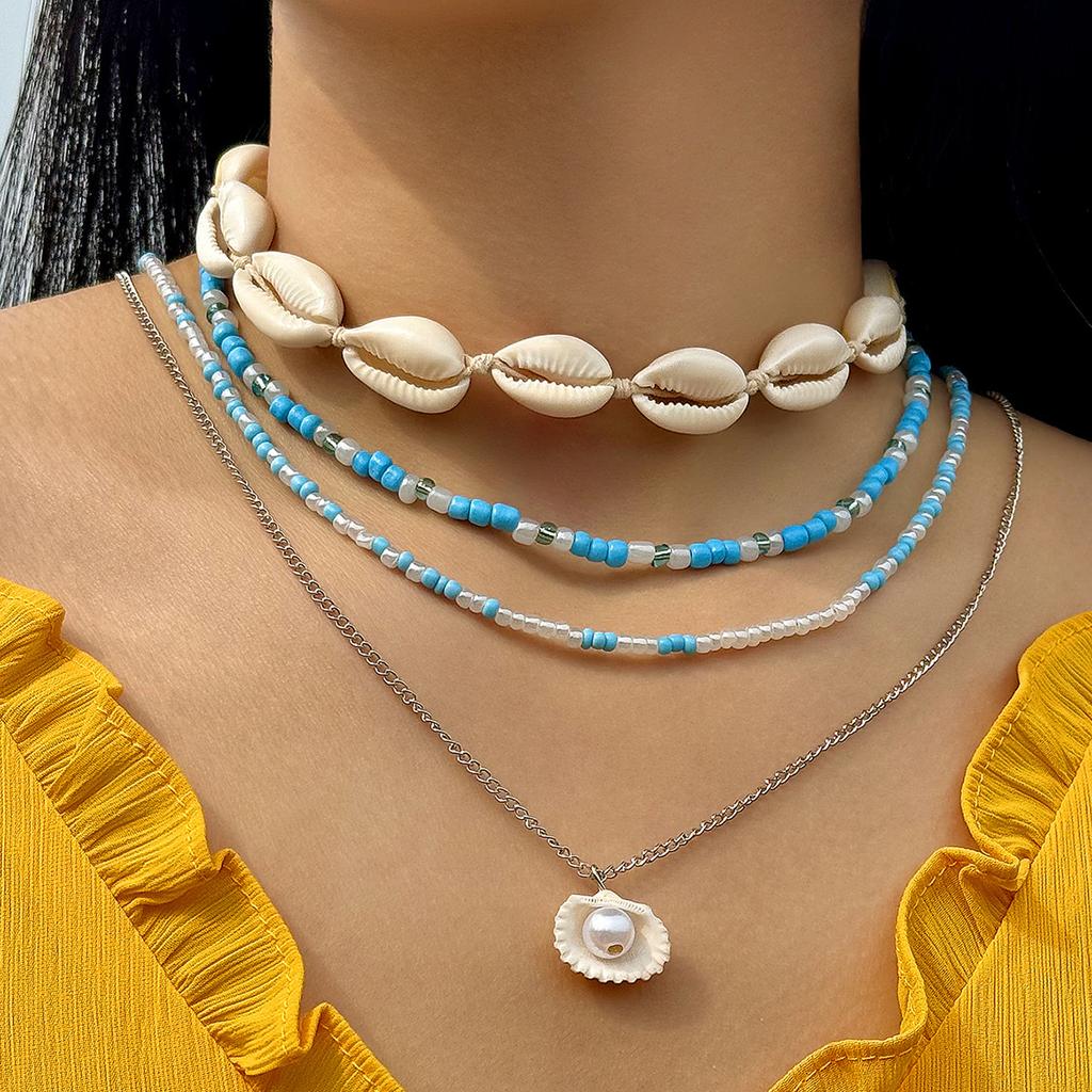 Bohemian Conch Shell Necklace Rice Bead Set, Beach Wind Devil's Eye Necklace Set