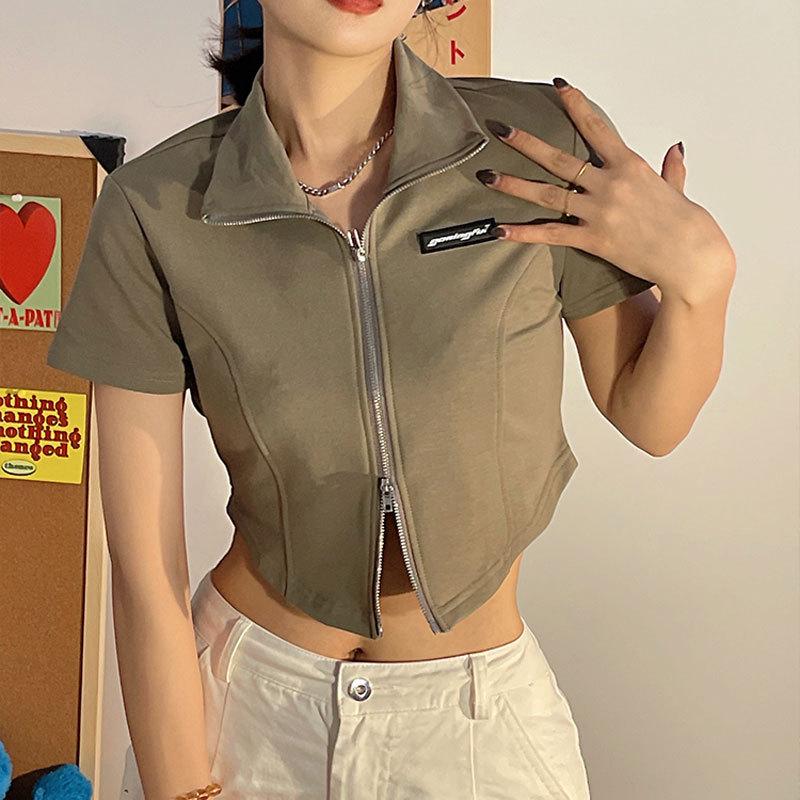 Women's Summer High Street Hot Girl Polo Crop Top - Zippered Short Sleeve Shirt