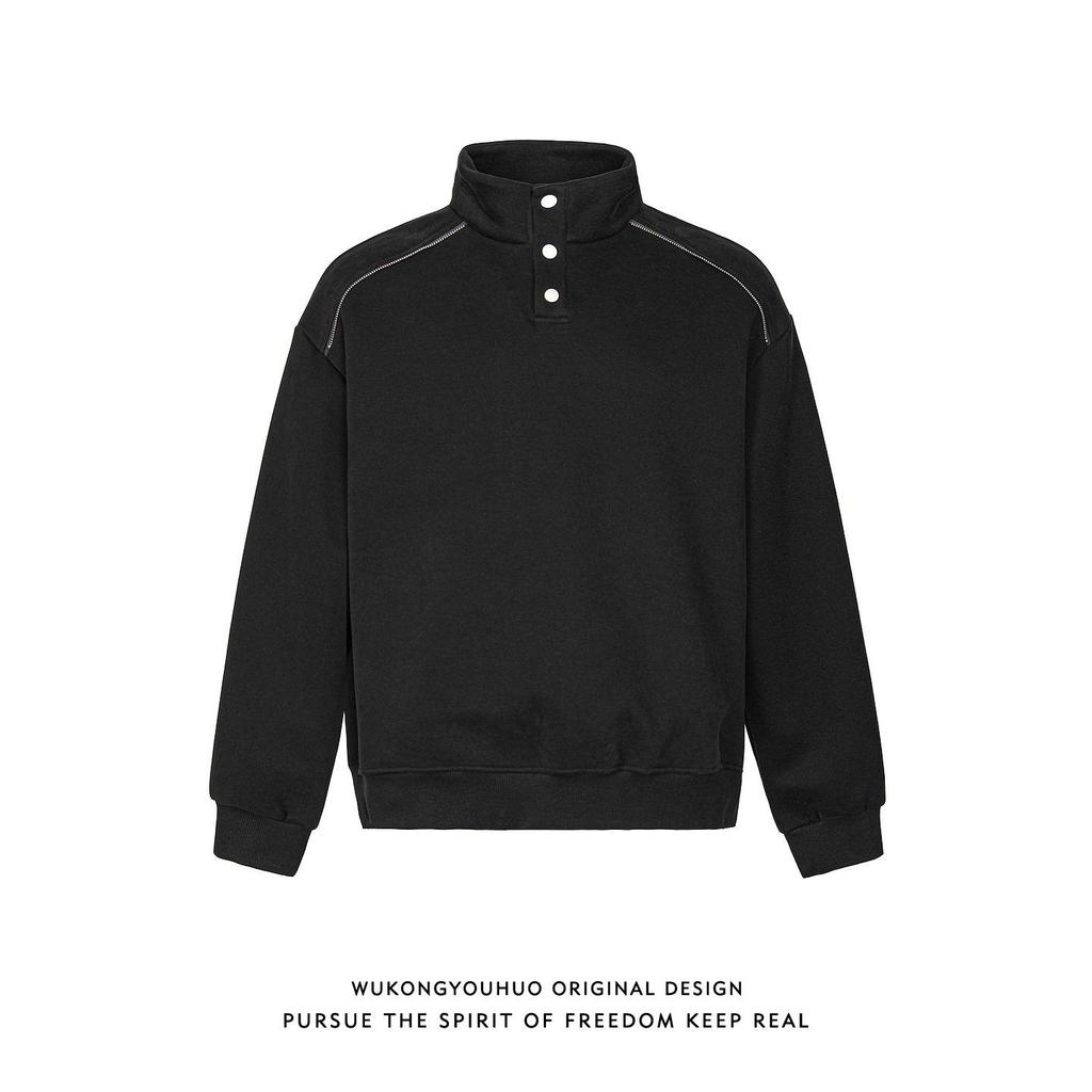 Men's Heavyweight 400g Cotton Stand Collar Hoodie - Autumn High Street Loose-Fit, Versatile Casual Half-Button Design