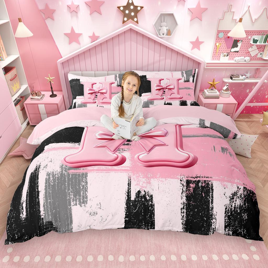 Homewish Girls Bow Monogrammed Duvet Cover Set 2Pcs/3Pcs Black Pink Ombre Bedding Set Personalized Letter A To T Quilt Cover
