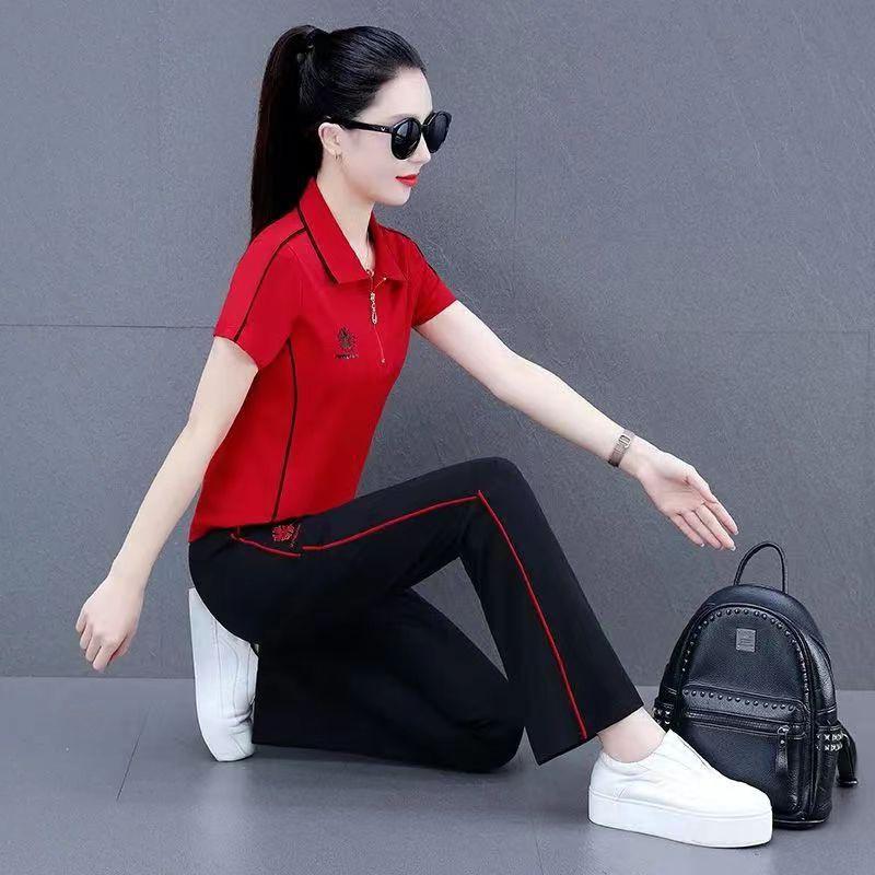Fashion Sportswear Suit Women's Summer Style Short-sleeved Large Size Casual Wear Straight Pants Two-piece Set