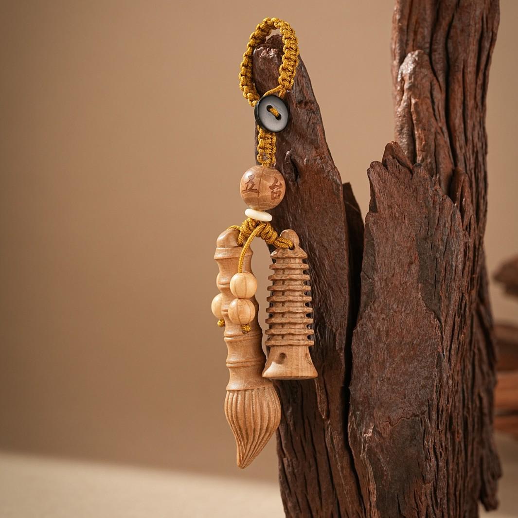 Wenchang Tower Peach Wood Keychain Souvenir from Wutaishan Scenic Area
