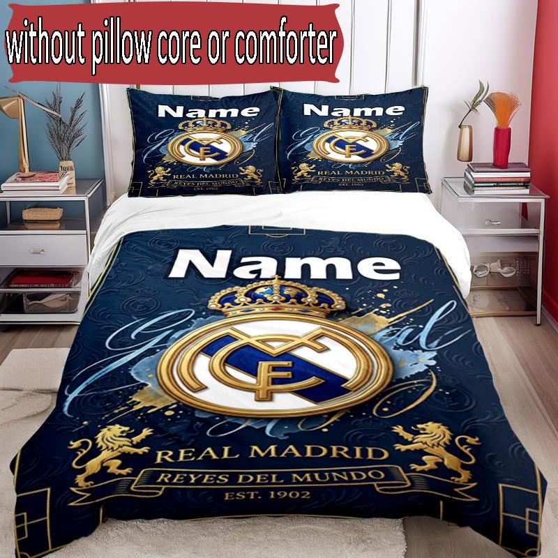 3-teiliges Bettbezug-Set (1 * Bettbezug + 2 * Kissenbezug, ohne Kern), Benutzerdefiniertes Namens-Bettwäsche-Set mit Real Madrid CF-Muster, Geschenk für die Heimschlafzimmer-Dekoration