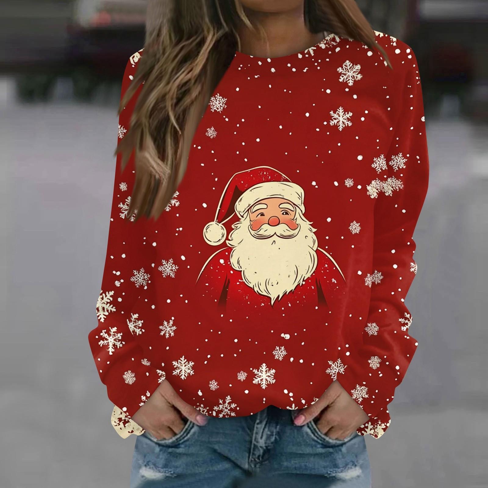 Женская повседневная мода с рождественским принтом и длинным рукавом с круглым вырезом — фото 10