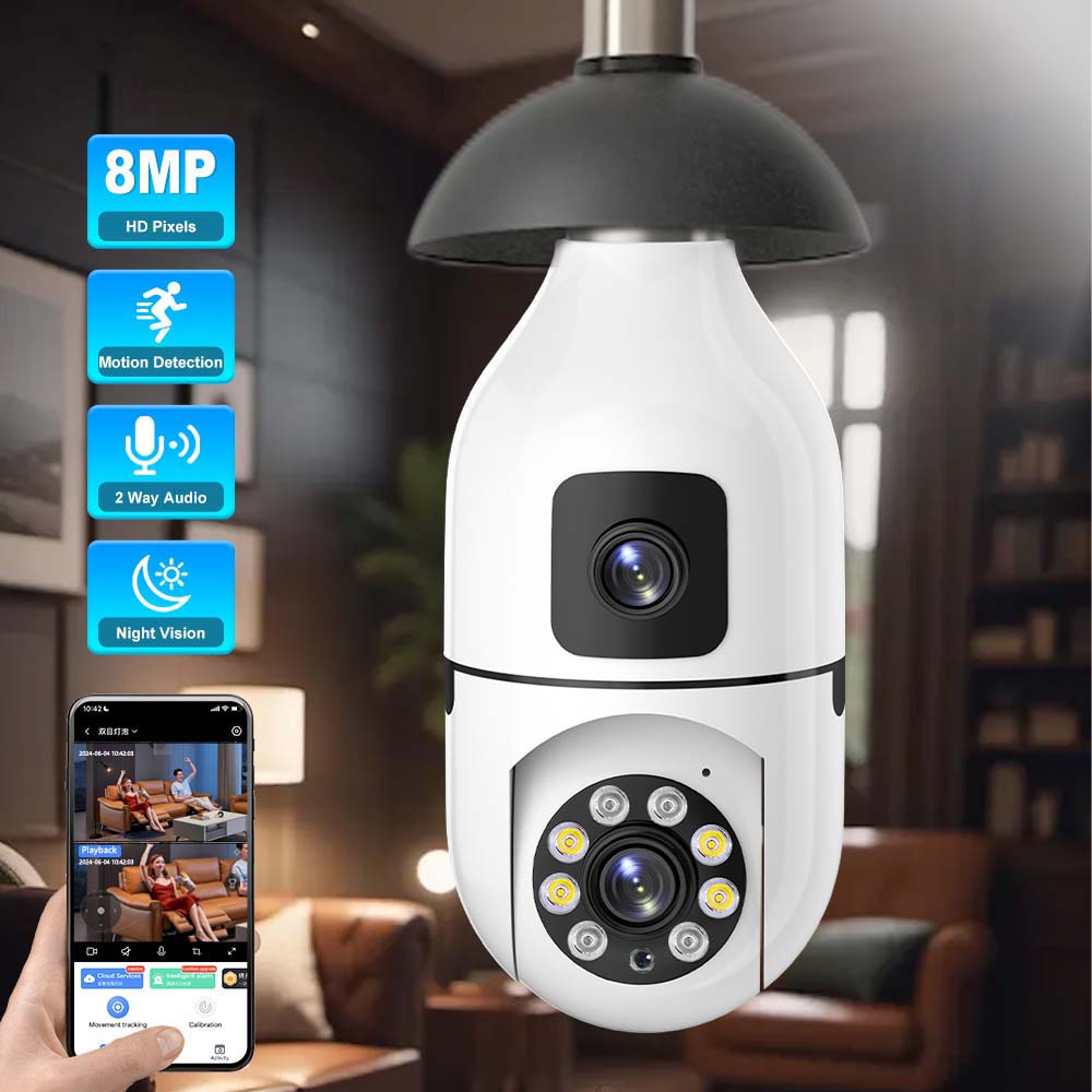 

4K 8MP E27 Bulb Бездротова 360° WiFi камера спостереження Securtiy Protection Auto Track Dual Lens PTZ IP Cam Monitor Baby Monitor 8MP Camera NO Card