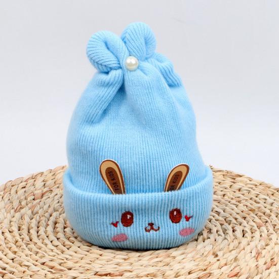 0-6 Months Knitted Hat Rabbit Ears Embroidery Face Pleated Top Imitation Pearl Decor Stretchy Ear Protection Thicker Autumn Winter