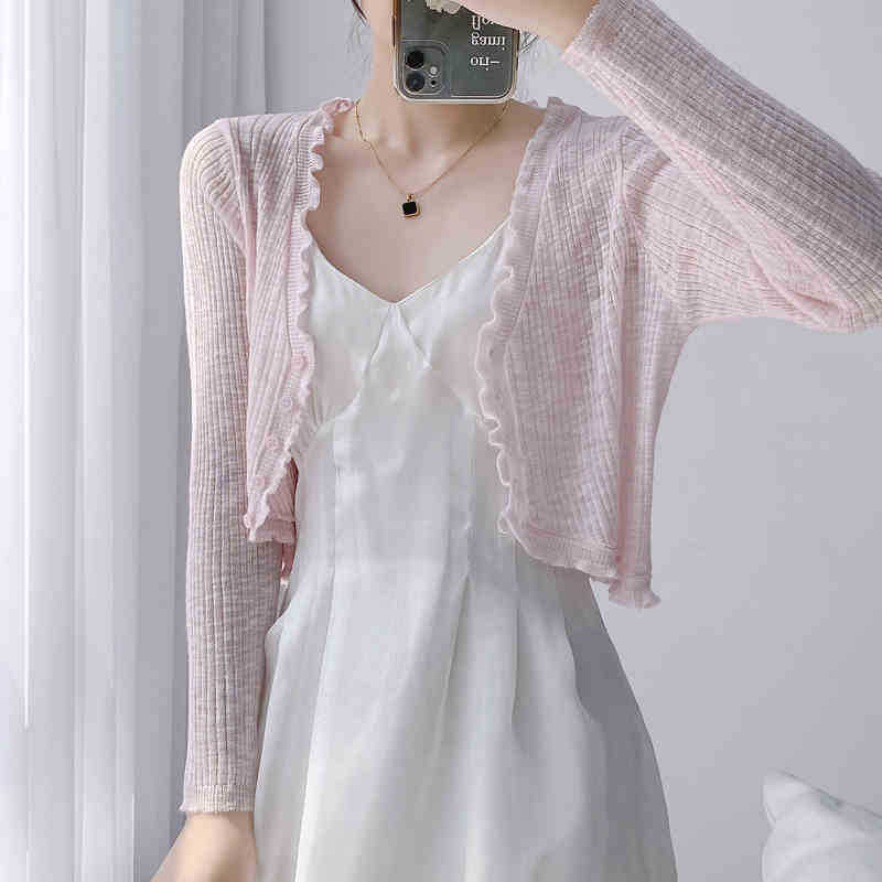 

Кардиган от солнца женский тонкий верхний блузон летний вязаный свитер шаль ледяной шелк маленькая жилетка куртка женская one size fits all розовый