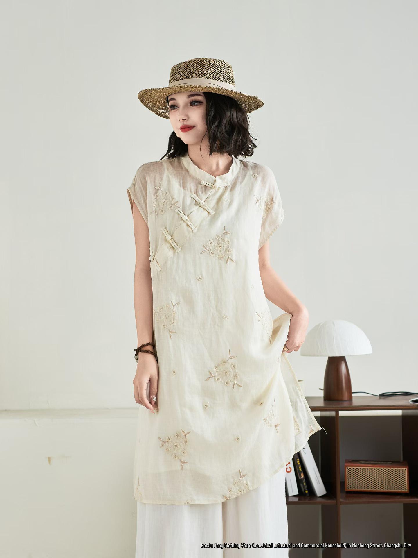 2026 Spring/Summer Women s Chinese Style Embroidered Ramie Shirt with Stand Collar and Asymmetrical Placket One Size