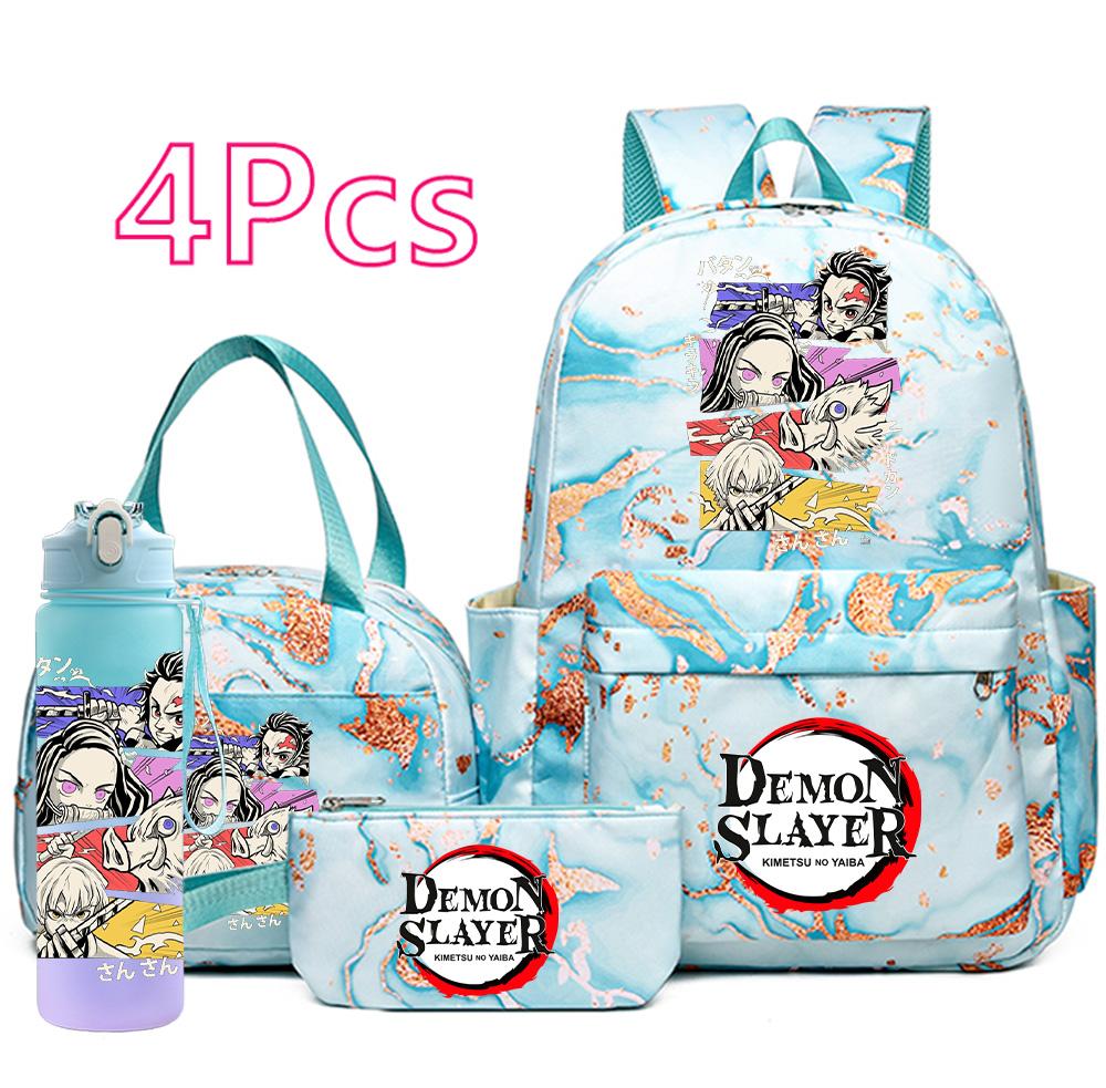 4-teiliges Set mit aufgedrucktem Demon Slayer-Cartoon-Rucksack, Handtasche, Federmäppchen und 750-ml-Trinkflasche für Teenager (Jungen und Mädchen) – große Kapazität, wasserdichter Schulrucksack