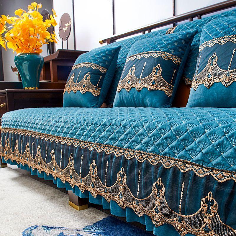 

Плотная плюшевая юбка с краем дивана, подушка для украшения гостиной, противоскользящее полотенце для спинки, европейский высококачественный универсальный стеганый чехол для дивана 90x110cm Backrest towel синий