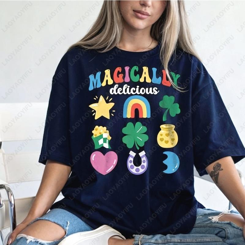Magically Delicious St Patricks Day Unisex Cotton Tshirts Fun Cute Clover Star Printed Women Tee Irish Festivals Ropa Mujer S