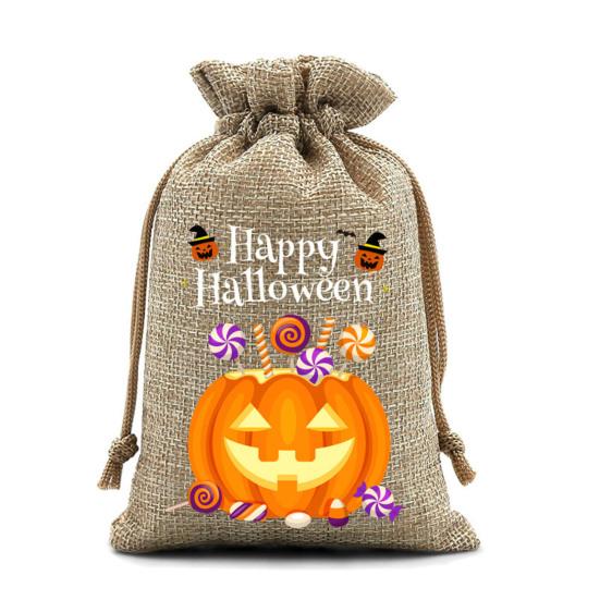 12Pcs Halloween Pumpkin Burlap Gift Bags Small Drawstring Goodie Treat Bag Halloween Linen Jute Candy Bag for Kids Trick or Treat Party Supplies