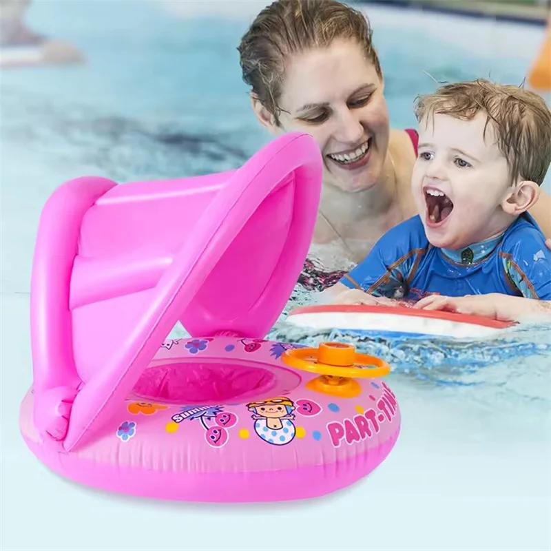 Water Floating Swimming Ring with Steering Wheel Summer Seat Pool Beach Water Toys for Kids Outdoor Sunshade Inflatable Toys