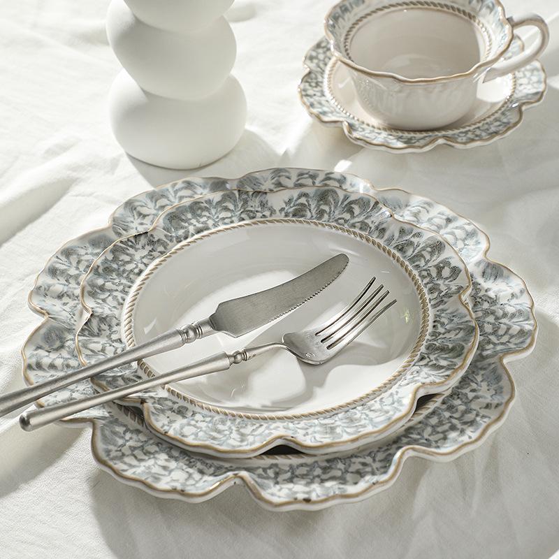 European-Style Relief Ceramic Tableware Set, Household Kiln Change, Retro Western Food Plate, Cup Plate Combination, Steak Pizza Plate, Bone Plate.