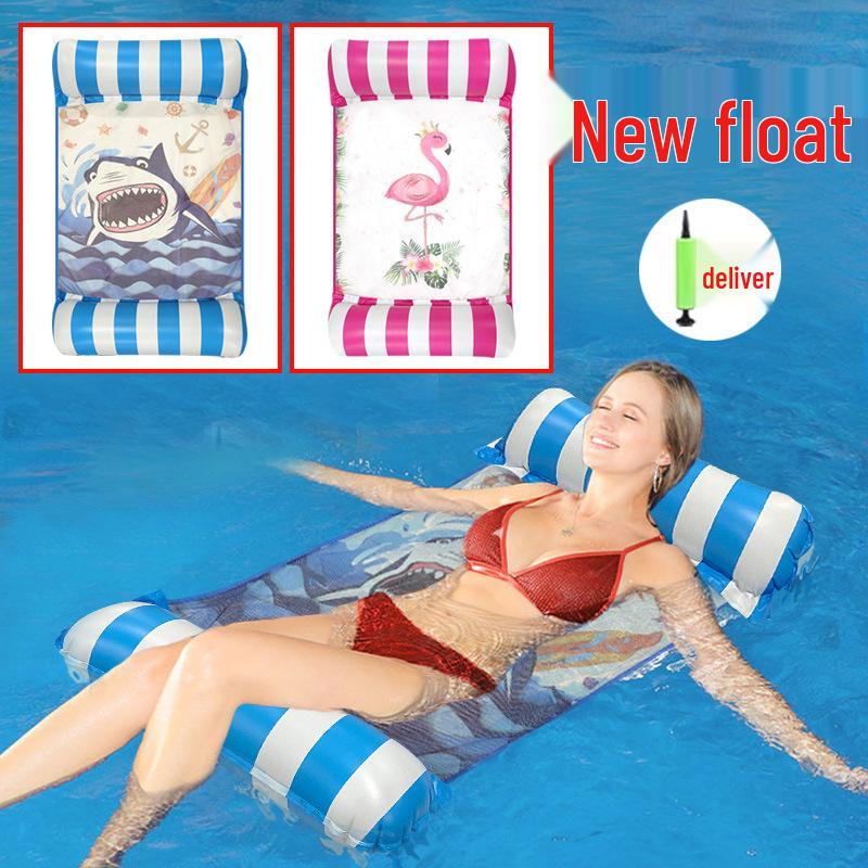Portable Foldable PVC Striped Water Lounge Chair with Hanging Net - Single Inflatable Floating Bed