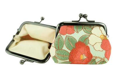 Uni Made In Futago Japanese Square Clasp Wallet (0222) Seni, Japan, Chirimen, Pattern, 2.5-inch [Modern Camellia/Mint]