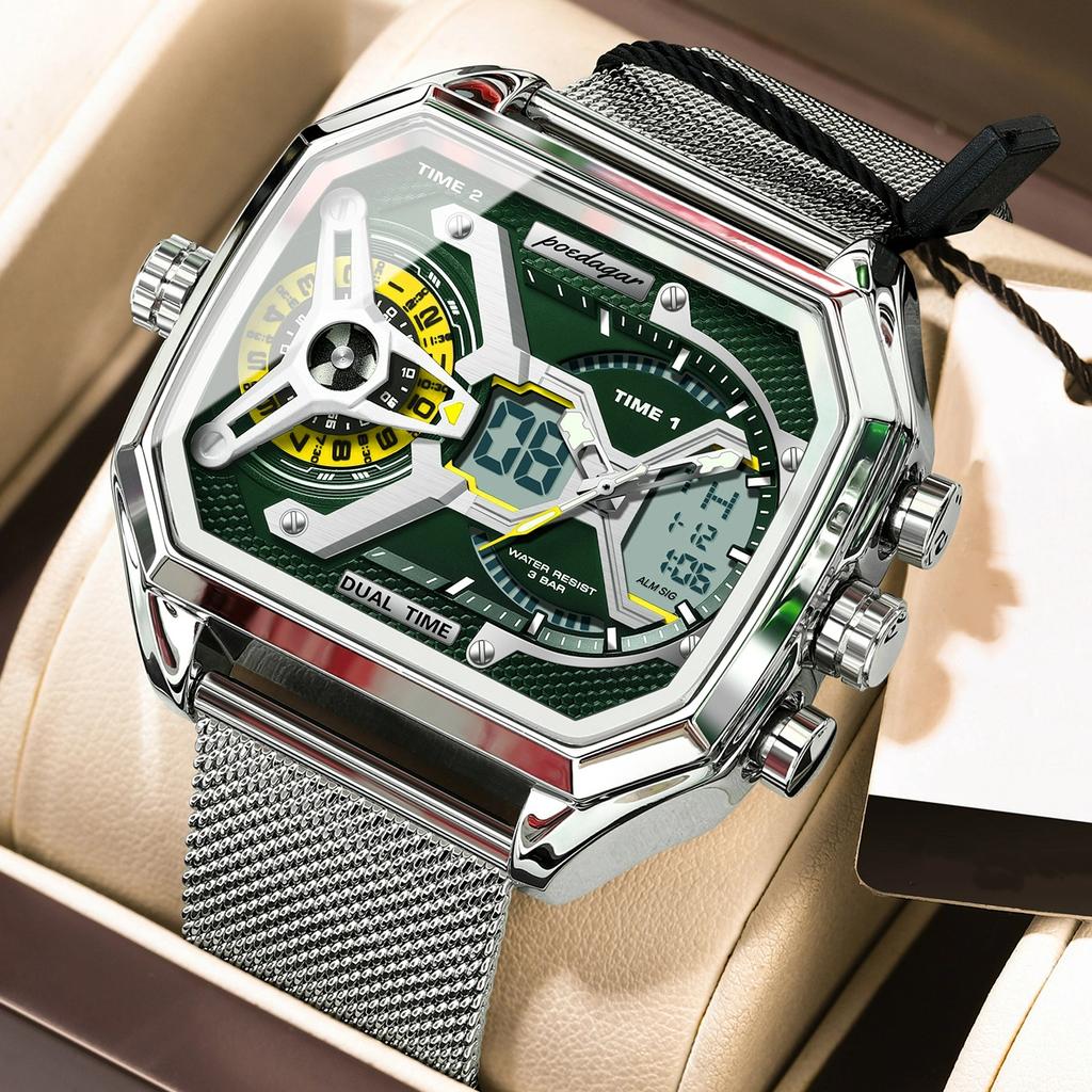 POEDAGAR Luxury Men's Quartz Watches Stainless Steel Mesh LED Waterproof Date Week Man Watch Fashion Sports Electronic Men Clock