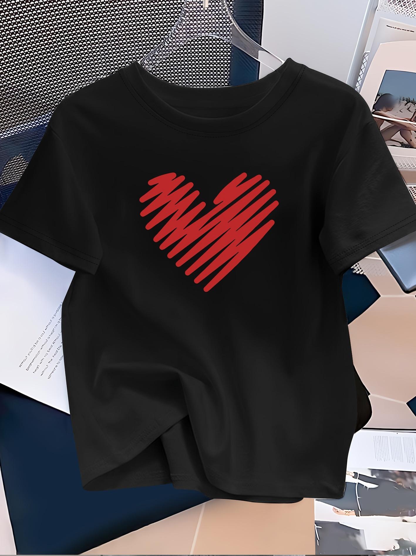 

Women s Casual Elegant Striped Heart Print T-Shirt White with Red and Black Pattern Round Neck Short Sleeves Casual WearVacat... S разноцветный