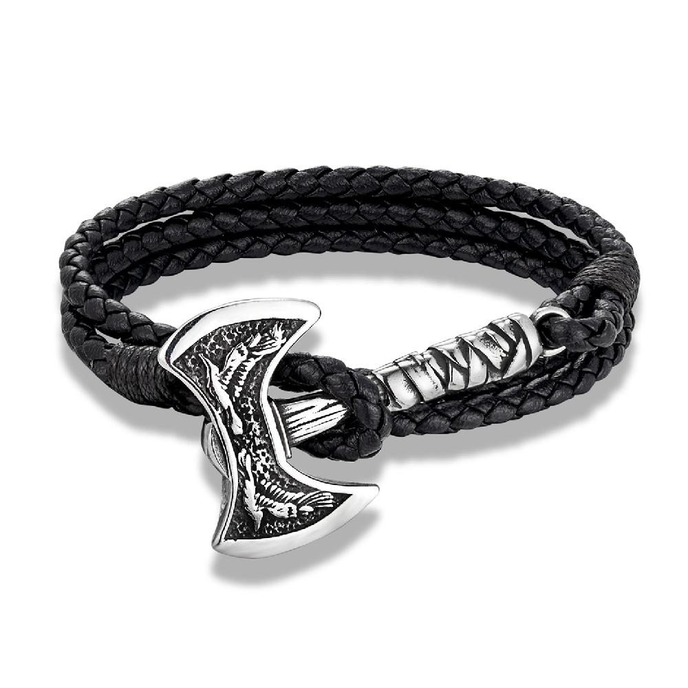 Norse Hatchet Leather Bracelets Men Vikings Axe Wristband Stainless Steel Raven Amulet Handmade Jewelry Self-defense