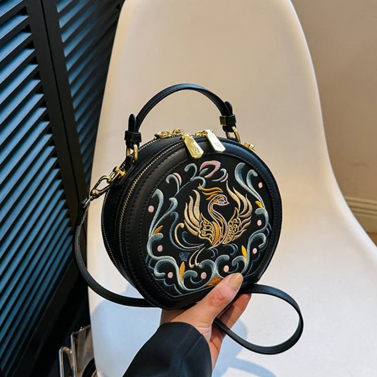 Vintage Embroidery Round Shoulder Bag, Zipper Handbag, Classic Trend Niche Satchel Bag