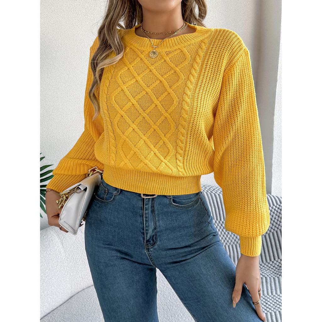 Women's Solid Color Round Neck Lantern Long Sleeve Knitted Sweaters Autumn Winter Clothes