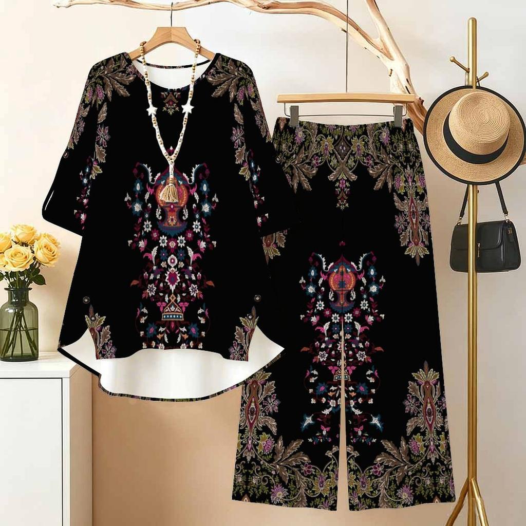 Women's 2‑Piece Outfit, Bohemian Ornate 3/4 Sleeve Irregular Hem Top & Wide Leg Pants Set, Casual Loose Matching Suit