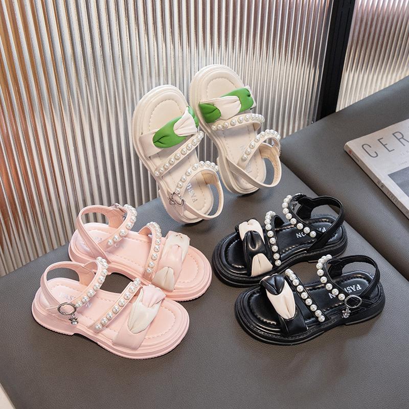 Children Sandals for Girls Kids Fashion Pleated with Pearls Open-toe Versatile Flat Non-slip Princess Shoes Casual 2024 Summer
