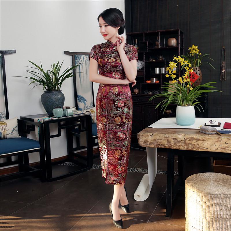 Spandex stand-up collar mid-slit long cheongsam dress women