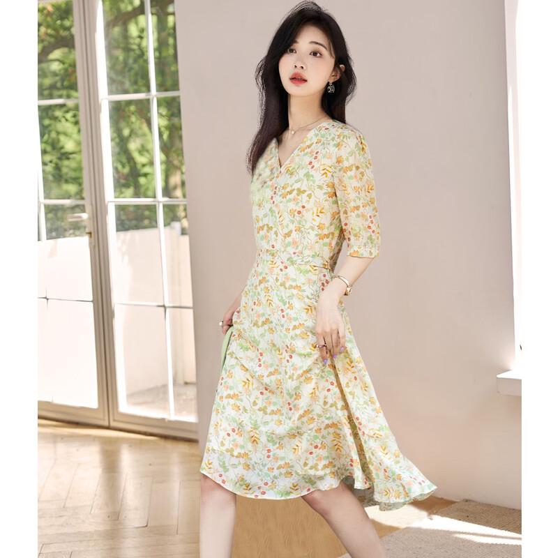 Gentle Sunset Floral Mulberry Silk V-Neck Dress