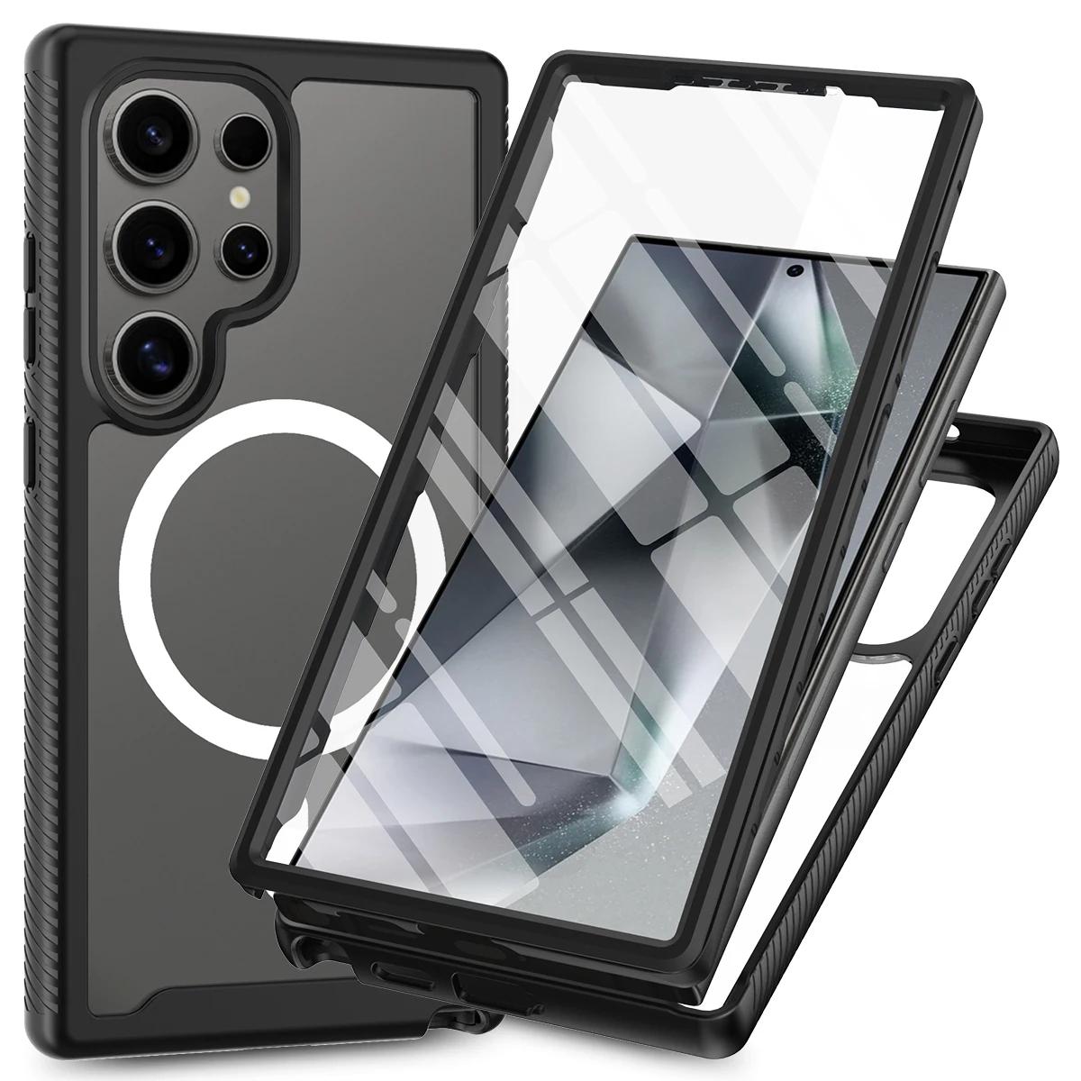 

Fashion 360°Full Clear Shockproof Cases For Samsung Galaxy S25 S24 S23 Ultra Plus Magnetic Charging with Screen Protective Cover Galaxy S23 Ultra чёрный