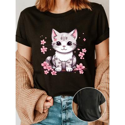 Simpatica T-shirt a Girocollo con Stampa di Gatto, T-shirt Casual a Maniche Corte per Primavera & Estate, Abbigliamento da Donna