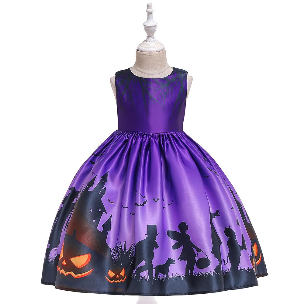 Kids Girls Halloween Costume Ghost  Dress Witch Hat Pumpkin Skull Printed Fancy Dress Up Cosplay Party Outfits