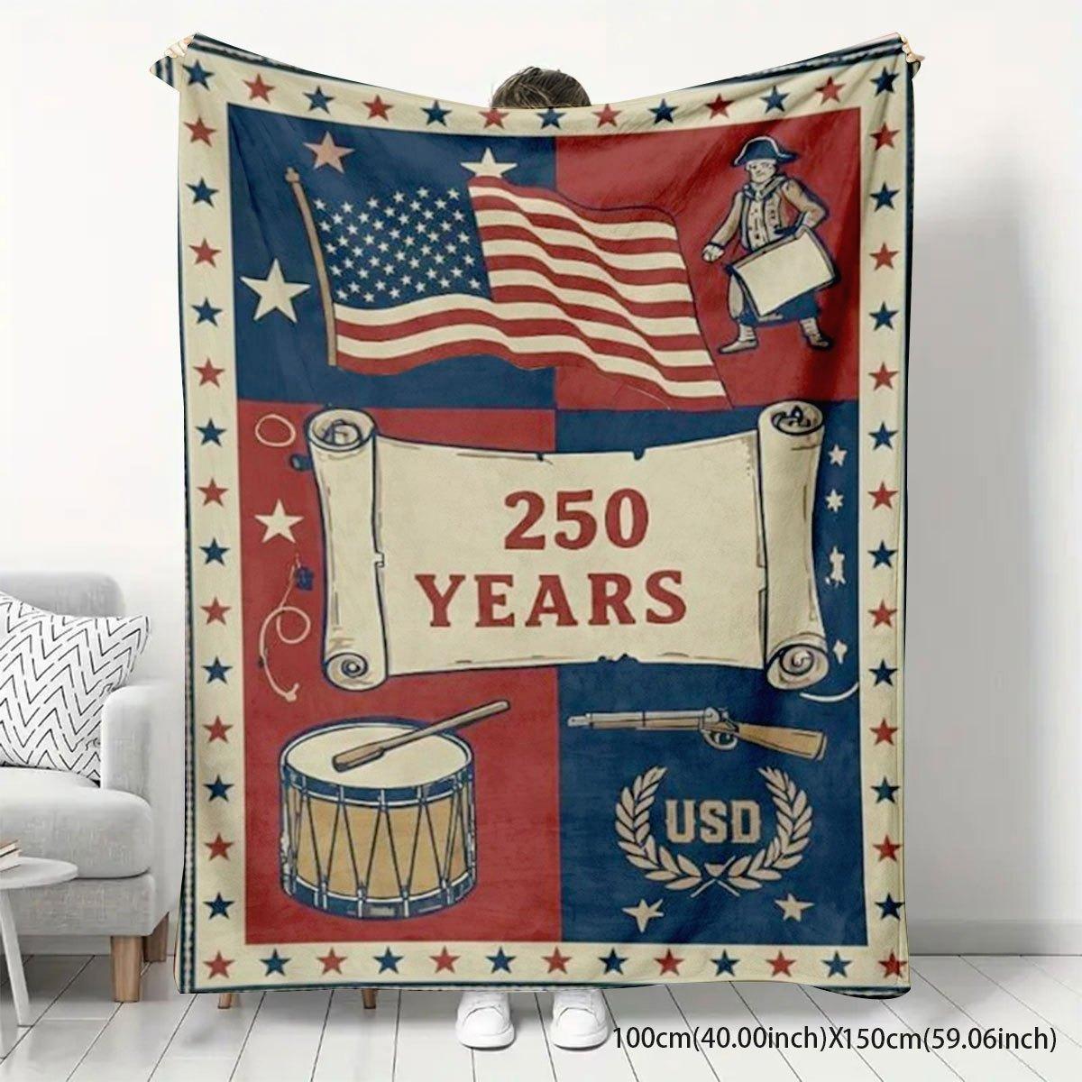 

1pc USA 250th Anniversary Flannel Blanket 2D Print Patriotic Throw Vintage American Flag Blanket for Bedroom Living Room Campi 75x100cm