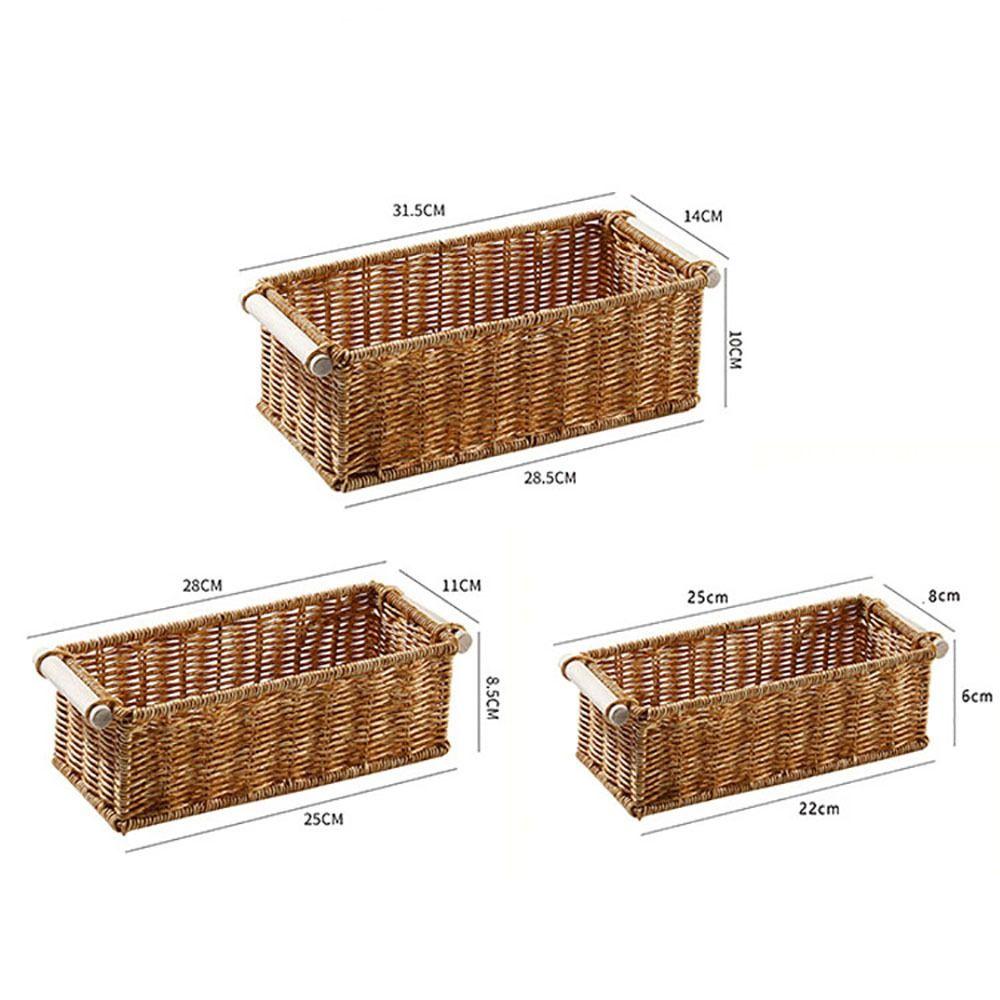 Creative Brown Storage Basket Woven Pattern Wood Handle Organizing Baskets Rectangle Sundries Organizer Bar Organizing