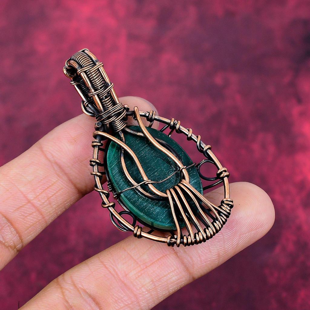 Evil Eye Malachite Pendant Copper Wire Wrapped Pendant Rainbow Moonstone Jewelry