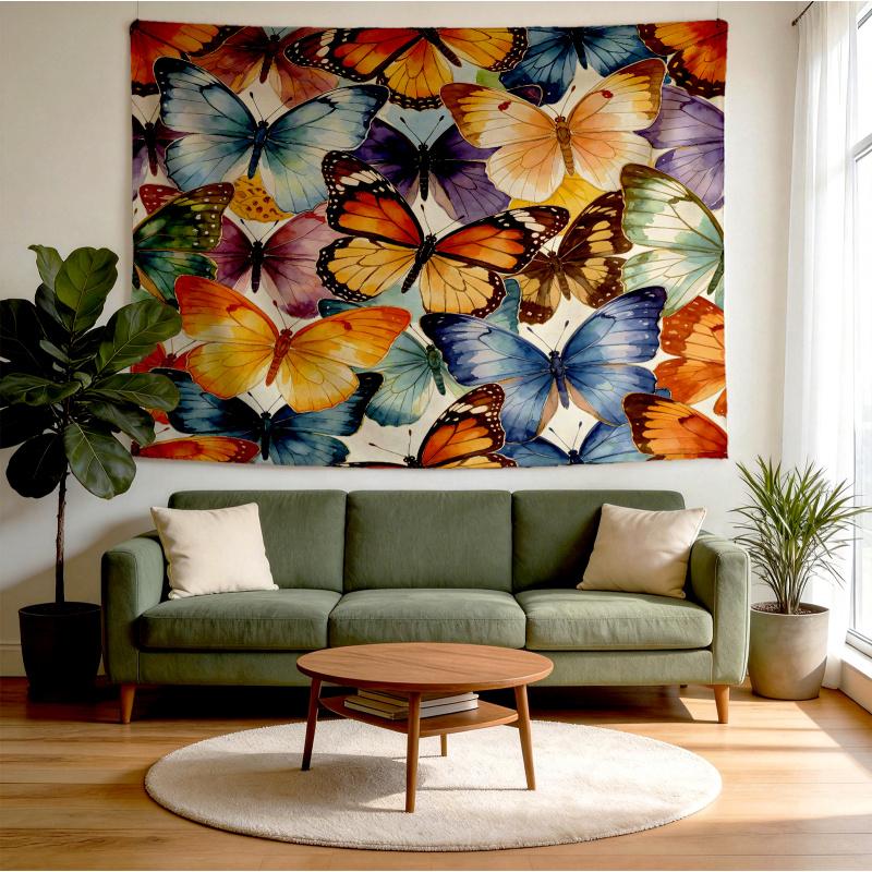 Watercolor Butterfly Print Tapestry, Bohemian Style Wall Hanging, Decorative Backdrop For Bedroom & Dorm, Room Makeover Gift
